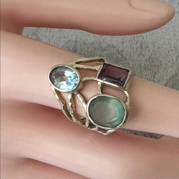 925 Sterling Silver Lacy Bezel Ring 3 Gemstones Purple, Blue & Aqua India Sz.7 - Picture 2 of 16